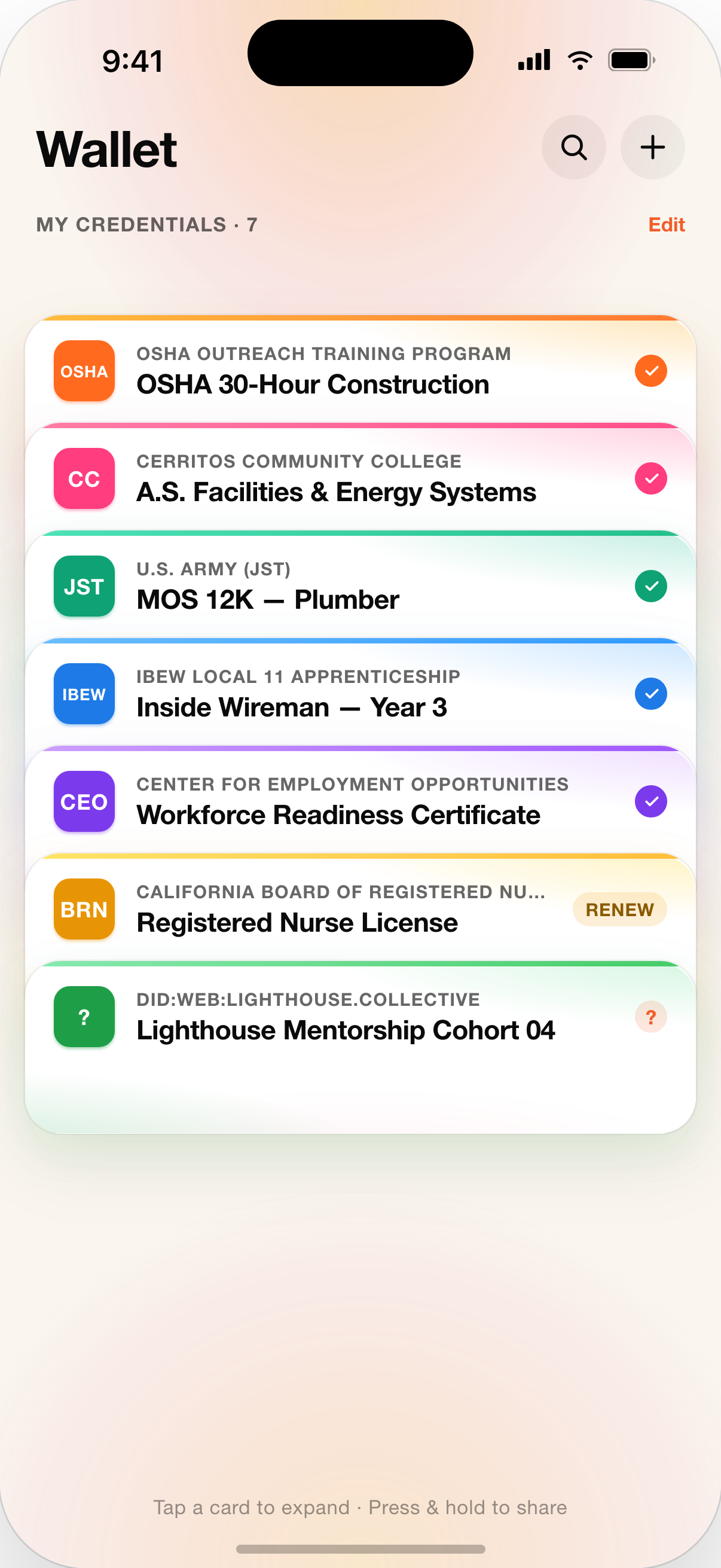 Credential detail screen showing OSHA 30-Hour Construction certificate